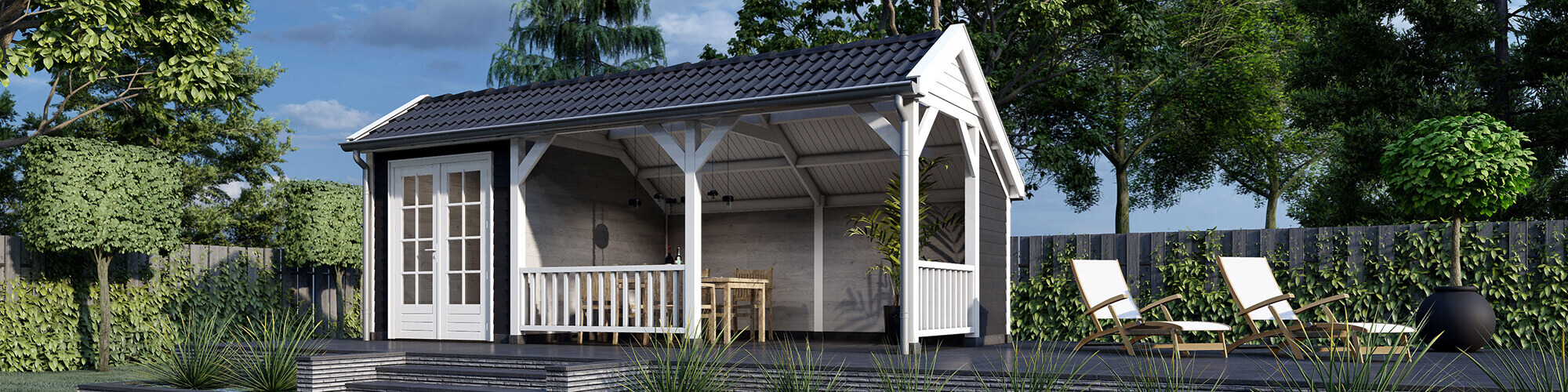 houten tuinhuis met overkapping